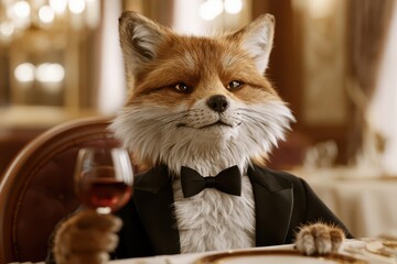 Obraz premium Sophisticated anthropomorphic fox in a tuxedo holding a glass of red wine at a formal dinner