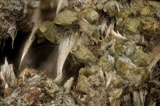 Macro byssolite (fibrous actinolite) acicular crystals from Eastern Alps, Austria, via microscope, 5x magnification, 7.2mm field view, focus stacking