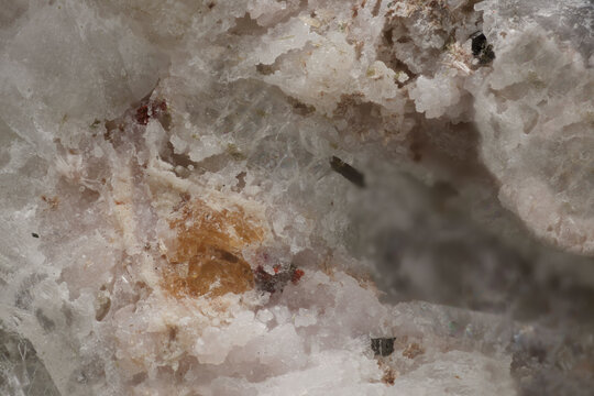 Extreme macro of rare Zorite and Raite crystals with black Aegirine and red Eudialyte from Yubileynaya pegmatite Lovozero Massif Russia captured with 5X microscope objective lens