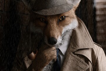 Obraz premium A mysterious anthropomorphic fox detective in a trench coat and fedora, smoking a pipe in the pouring rain.