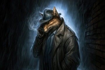 Obraz premium Anthropomorphic fox detective in a fedora and trench coat smoking a pipe in the rain at night.