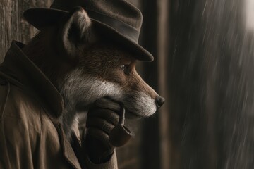 Obraz premium Anthropomorphic fox detective in a trench coat and fedora smoking a pipe in the rain