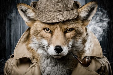 Obraz premium Anthropomorphic fox detective in a trench coat and hat, smoking a pipe with smoke swirling around its head.