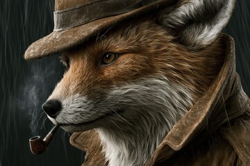Fototapeta premium A sophisticated fox wearing a fedora and trench coat, smoking a pipe in the rain, with a contemplative expression.