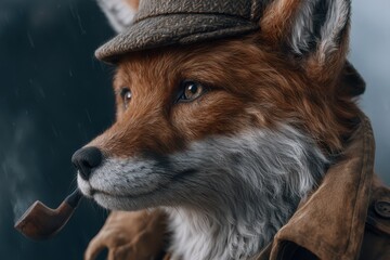 Obraz premium Anthropomorphic fox wearing a tweed cap and trench coat, smoking a pipe, in a moody, atmospheric setting with rain.