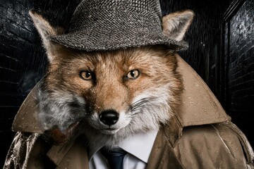 Obraz premium A mysterious fox detective in a trench coat and hat, smoking a pipe in the rainy night.
