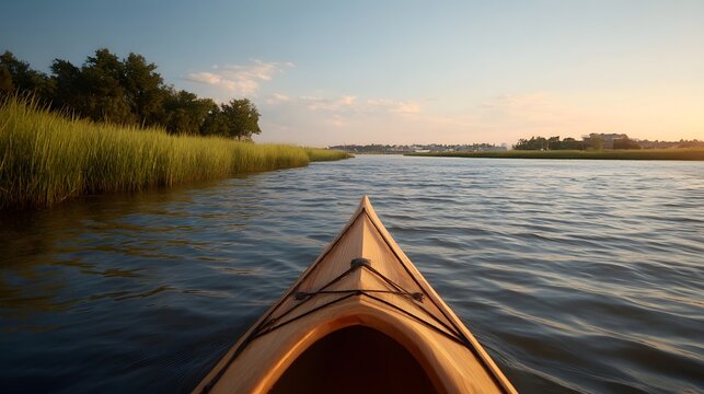 A tranquil landscape featuring lush green reeds along the water s edge under soft morning or evening light