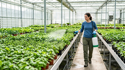 Fototapeta premium Female agricultural worker spraying pesticide on plants in a commercial greenhouse. Woman wearing safety glasses and gloves applying liquid treatment to herbs. Horticulture and farming concept