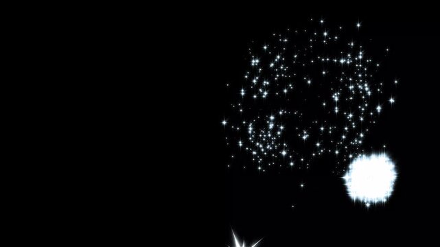 Glowing magic star particles exploding with fireworks burst element on black background loop motion graphics footage for overlay transitions and creative video editors.
