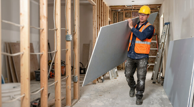 Male construction worker carrying a drywall panel on his shoulder. Builder in hard hat and safety vest walking through an unfinished room with exposed wooden framing. Home renovation project