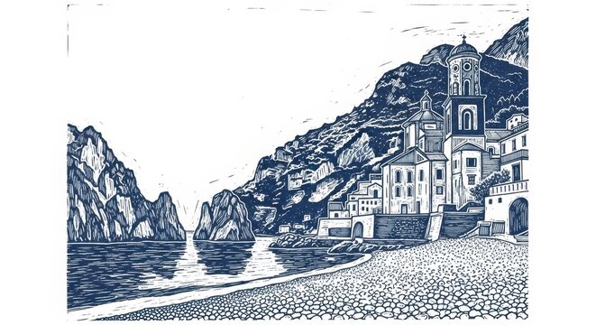 Cliffside Mediterranean village with church and sea path in blue linocut engraving style illustration.