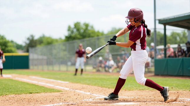 Female softball batter hitting ball with bat over home plate. Woman athlete in maroon uniform swinging during baseball game. Action sports and team competition concept