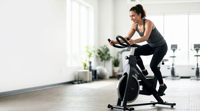 Smiling woman riding stationary spin bike in bright modern gym. Female athlete doing cardio workout on indoor cycling equipment. Health and fitness lifestyle concept