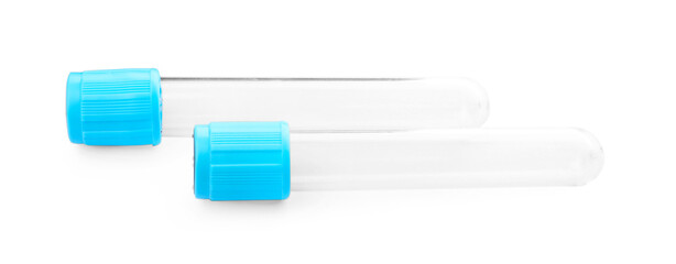 Fototapeta premium Two empty test tubes with caps isolated on white. Laboratory glassware