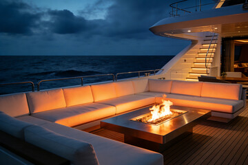 Fototapeta premium Luxury yacht deck with illuminated sectional sofa and fire pit at dusk