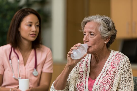 Senior woman practicing breathing with incentive spirometer in clinic with nurse