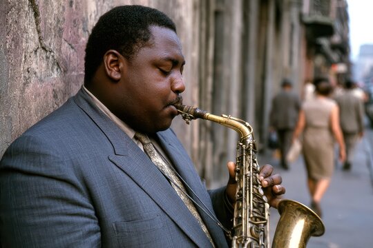 A soulful jazz musician plays his saxophone on a textured city street, capturing the essence of urban music.
