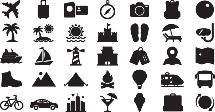 Minimalist black travel icon set with simple solid glyph shapes for summer vacation and tourism web interface.