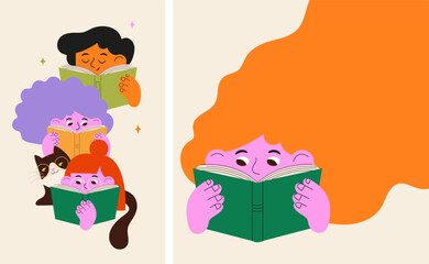 Colorful poster and banner with cute children and cat reading books. Doodles series for book fair, festival, bookshop and back to school design © Marina Zlochin