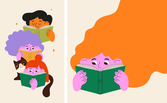 Colorful poster and banner with cute children and cat reading books. Doodles series for book fair, festival, bookshop and back to school design