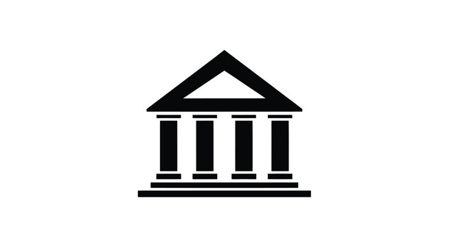Simple flat a black and white icon of a building with columns and a triangular roof