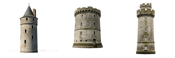 Collection of Historic Medieval Stone Towers, Architectural Landmarks and Fortified Structures Isolated on White Background for Historical and Fantasy Concepts © Suarezo