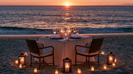 Fototapeta premium Sunset dinner setup at beach with candles and chairs by the water