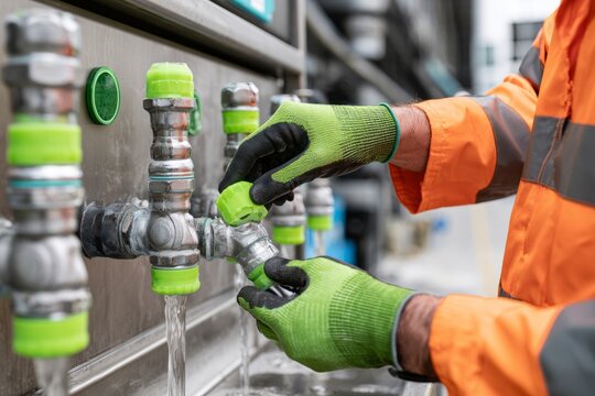 Worker Inspecting Emergency Eyewash Station with Green Gloves and Safety Jacket