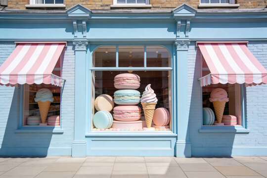 Pastel colored macarons and ice cream cones in a bakery window display