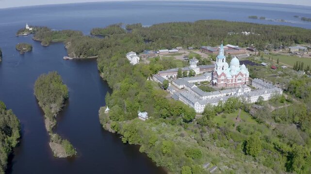 Aerial shot of Valaam Monastery on sunny summer day. Ladoga lake, Karelia, Russia.
