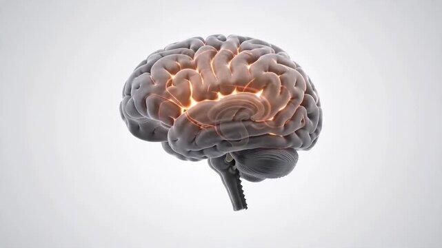 3d illustration of a human brain with a glowing section on a gray background