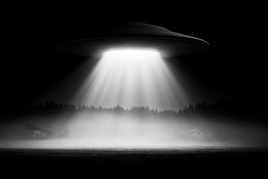 Mysterious UFO hovering over a foggy rural landscape with houses and a dense forest.