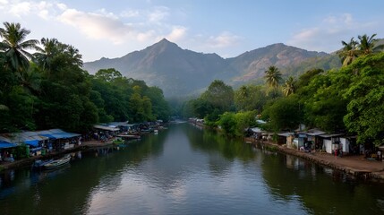 Obraz premium A scenic view of lush green mountains and dense forest with a winding road through a remote tropical landscape