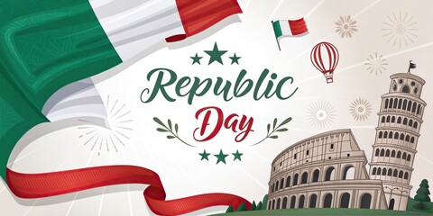 Italy Republic Day banner with flag landmarks and festive decorations