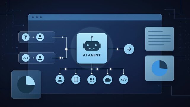 Animation of an AI agent interface with data nodes, network connections, and analytic charts, representing automated workflows. Concept of artificial intelligence technology and data management