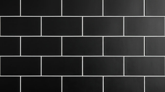 Black subway tile wall with white grout lines in brick pattern
