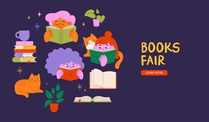 Obraz premium Children and cats reading books colorful flat vector illustration and background. Book fair and festival concept vector illustration and background