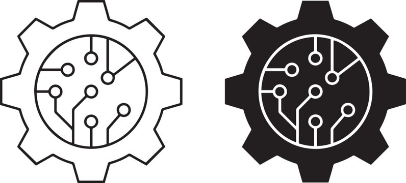 Gear cogwheel with electronic circuit board line icons in outline and solid silhouette style representing hardware optimization and cyber automation development