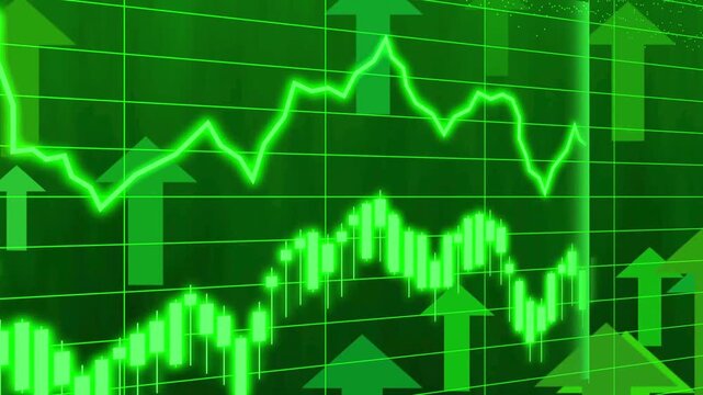 Abstract financial background featuring a glowing green stock market line graph, candlestick chart, and upward growth arrows on a grid interface. Perfect for finance, trading, crypto, and economic con