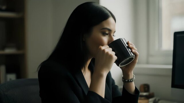 Tracking slow motion pan shot of woman sipping coffee while seated at office desk by window in morning