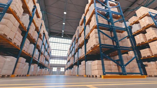 Interior of large industrial or wholesale warehouse. Large multi-level warehouse with shelving and goods, inside. Wide shot. 3D concept of a large smart logistics center or warehouse