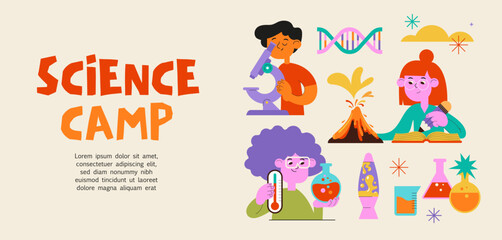 Fototapeta premium Colorful science camp poster and banner design. Kids learning and doing biology and chemistry experiment. STEM activities vector cartoon illustration 
