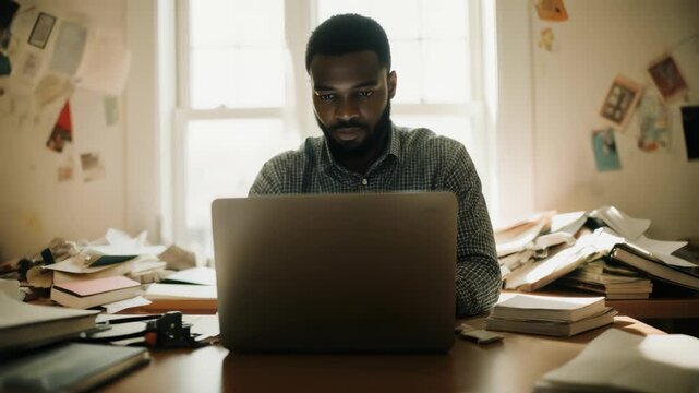 Static shot of man working on laptop at cluttered desk in home office with backlit window during daytime