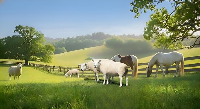 A peaceful meadow with several sheep and two horses grazing.