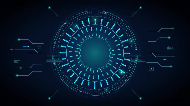 Animation of a futuristic HUD interface with a rotating circular target and the word MISSION appearing in the center, digital screen display. Concept of advanced technology, data, gaming