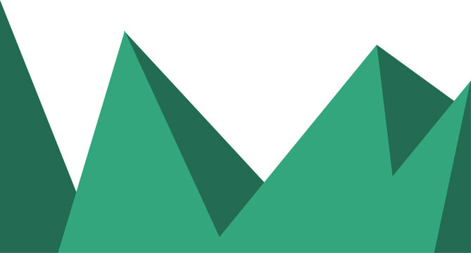 A sleek and modern vector illustration of stylized mountain peaks featuring sharp angular lines and deep green tones. This minimalist design is perfect for outdoor branding travel websites or nature