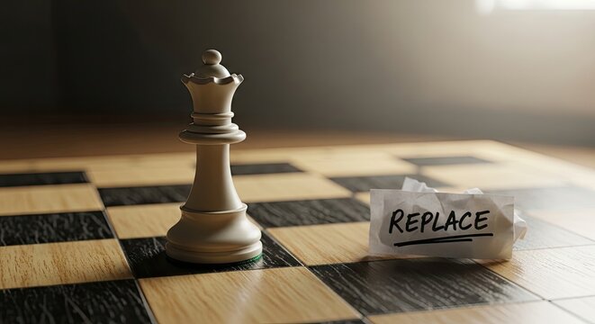 White Chess Queen Piece on Chessboard with Replace Note