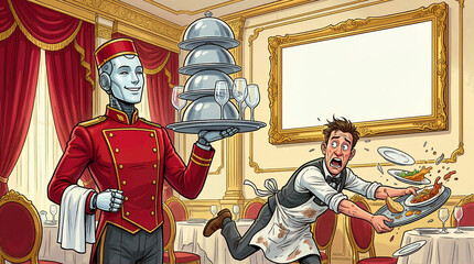 Obraz premium Cartoon waiter serving cake to surprised man in elegant dining hall, vibrant vector illustration