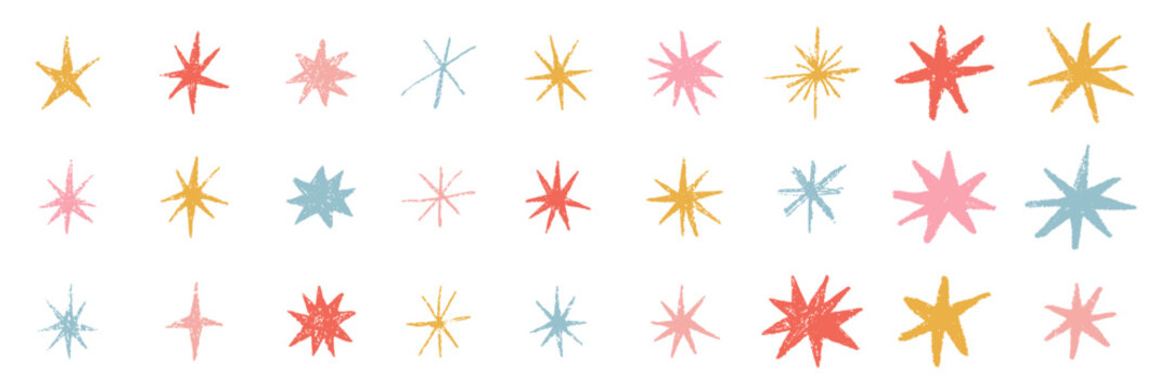 Colorful hand drawn crayon stars with pencil sketch texture for kids design. Cute doodle sparkle elements, pastel scribbles and childish shapes for school art, patterns, decoration and backgrounds.