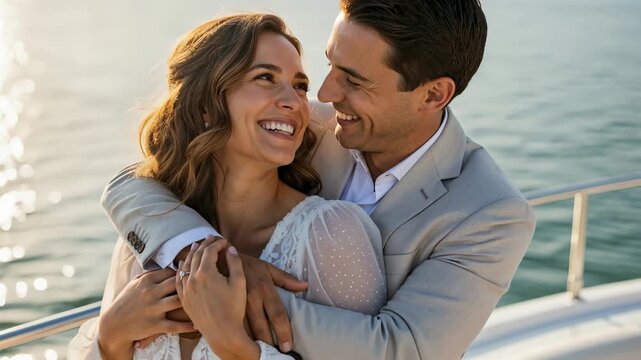 Romantic couple hugging on a boat at sunset. Happy man in a gray suit and woman in a white dress smiling and laughing on a yacht. Honeymoon and wedding celebration concept